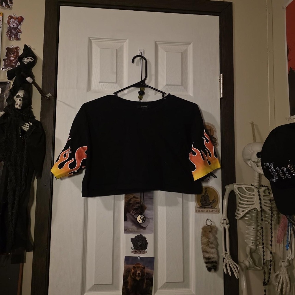 Forever 21 Black Crop Top with Orange-Yellow Flame Sleeves